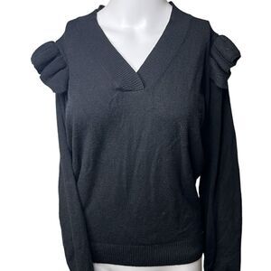 Truth by Republic Ruffle Shoulder V Neck Sweater Black Size Large
